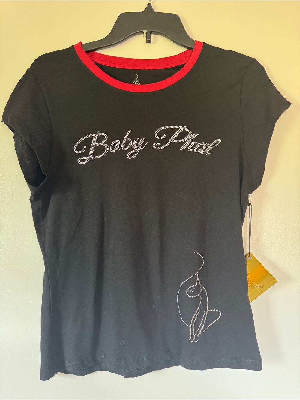 Baby Phat Black Short-Sleeve Tee with Red Neck Trim and Rhinestone Script